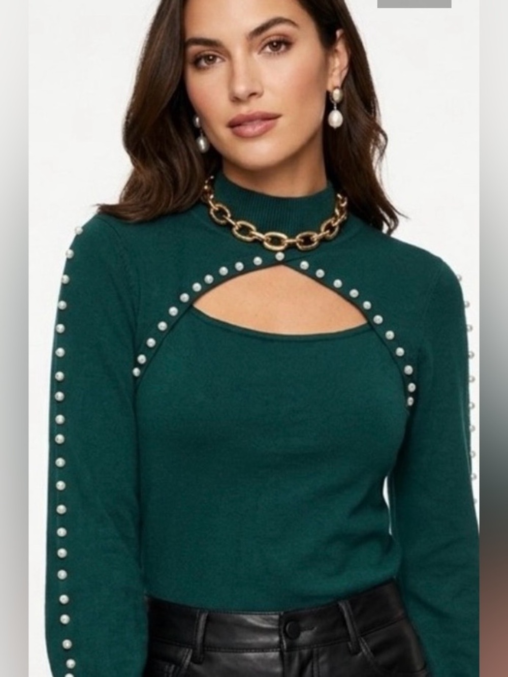 Pearl-Trim Forest Green Mock Turtleneck Sweater